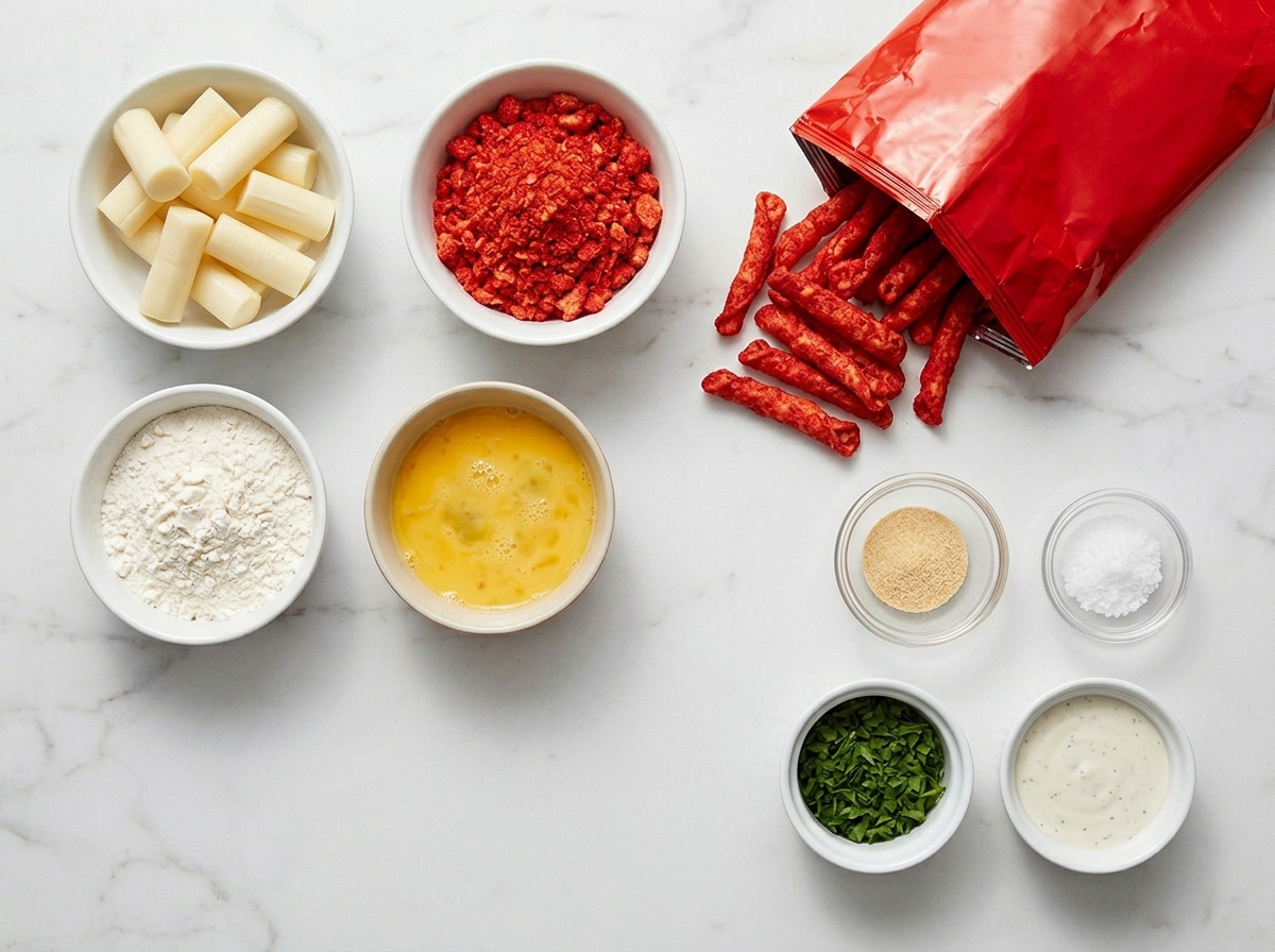 Ingredients for Hot Cheeto mozzarella sticks with cheese, crumbs, eggs, and dip