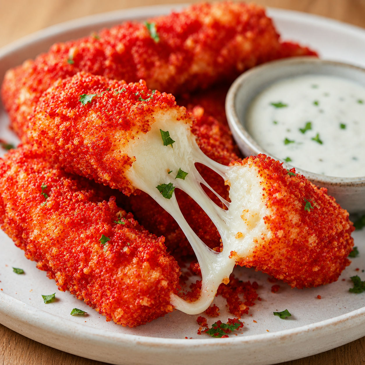 Easy Hot Cheeto Mozzarella Sticks, plated and served