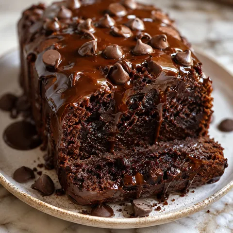 Hot fudge brownie bread slice with glossy chocolate drizzle