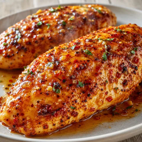 Hot honey baked chicken breasts with sticky amber glaze and red pepper flakes