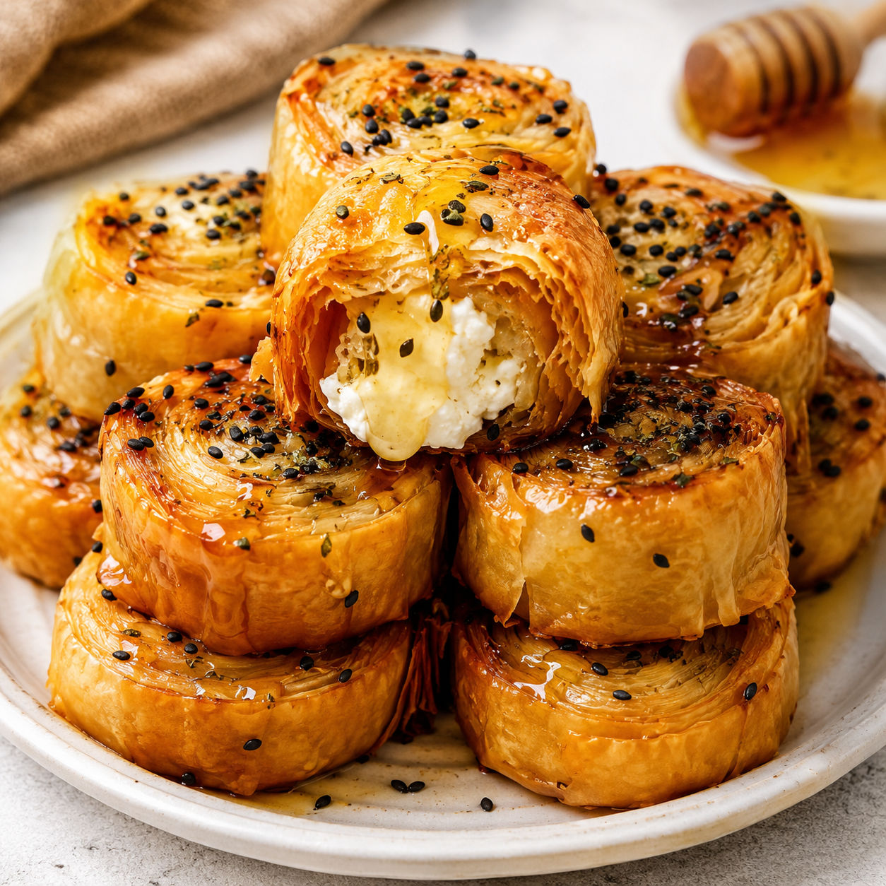 Hot honey feta phyllo rolls with sesame seeds on a white plate