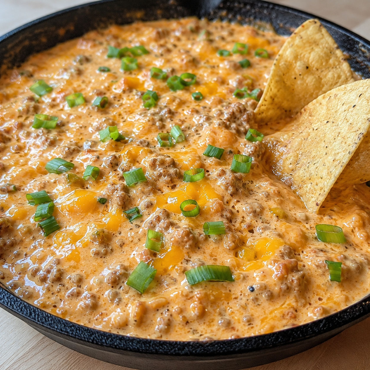 Hot ranch sausage dip in a skillet with green onions and tortilla chips