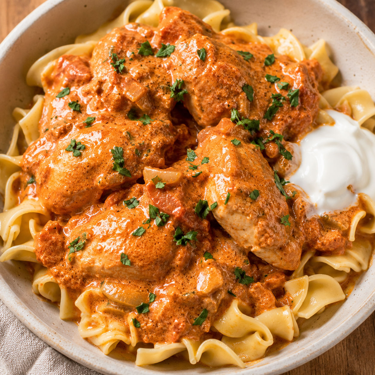 Hungarian chicken paprikash over egg noodles with parsley and sour cream
