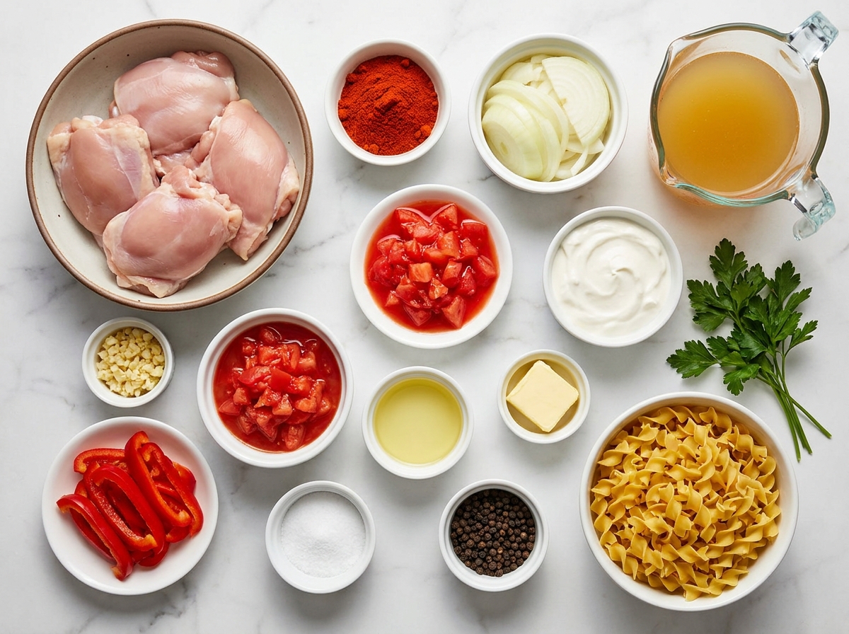 Ingredients for Hungarian chicken paprikash with paprika, chicken, and sour cream