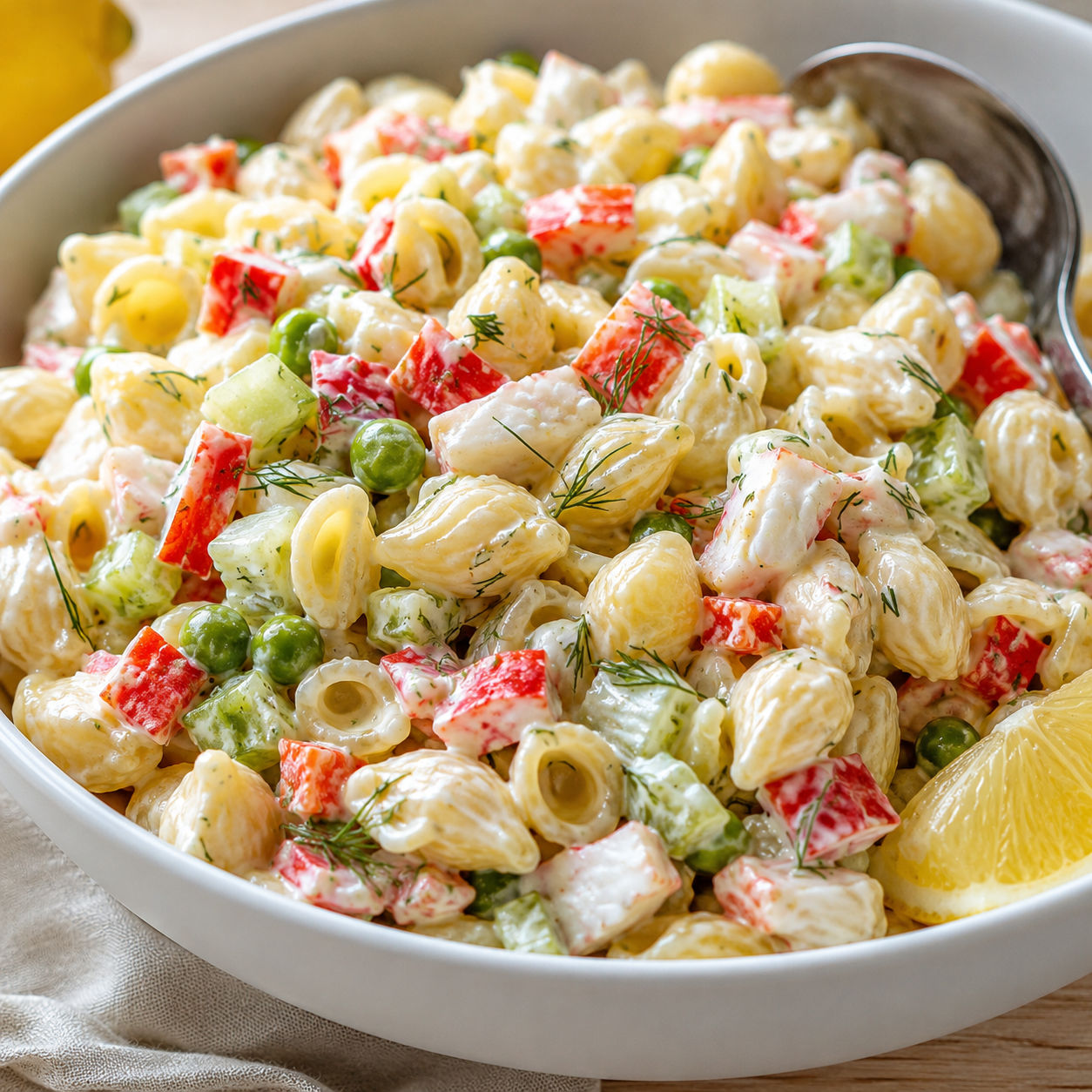Creamy imitation crab pasta salad with shells, peas, celery, and dill