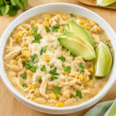 Creamy white chicken chili with beans, corn, cilantro, avocado, and lime