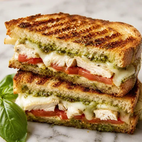 Italian chicken pesto panini sliced in half with melted mozzarella and basil