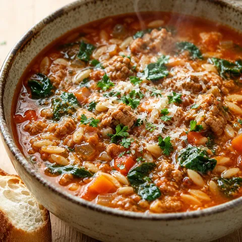 Italian sausage orzo soup with spinach and parmesan in a rustic bowl