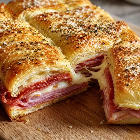 Baked Italian sub squares with provolone, salami, pepperoni, and ham on a wooden board