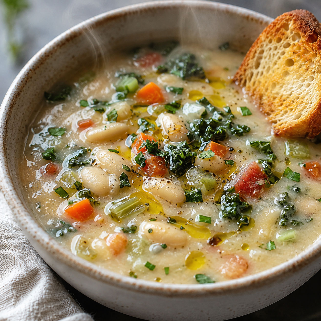Italian white bean soup with kale, carrots, parsley, and olive oil