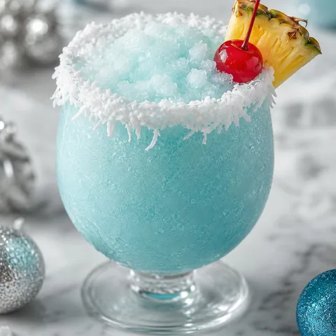 Blue Jack Frost mocktail with coconut rim and pineapple garnish
