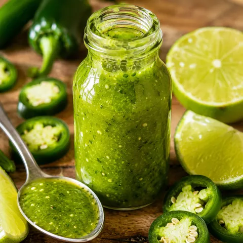 Bright green jalapeno lime hot sauce in a glass bottle with lime wedges