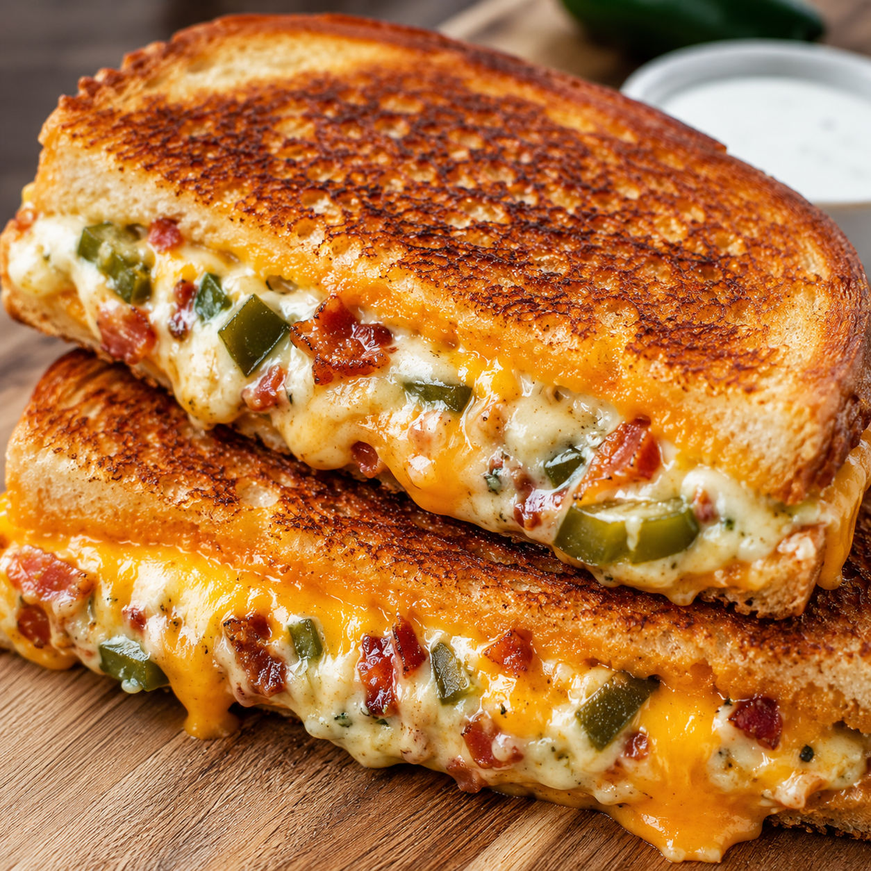 Jalapeno popper grilled cheese sandwich cut in half with melted cheese, bacon, and jalapeños