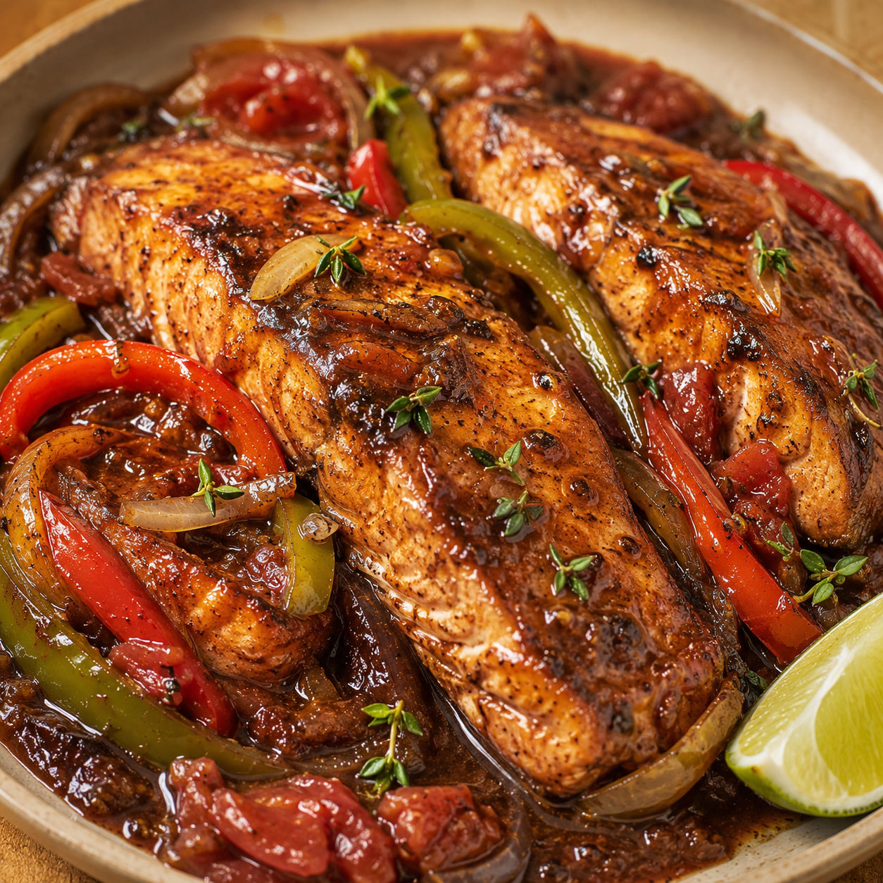 Jamaican brown stew salmon with peppers, thyme, and glossy gravy