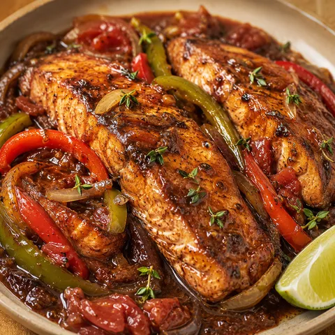 Jamaican brown stew salmon with peppers, thyme, and glossy gravy