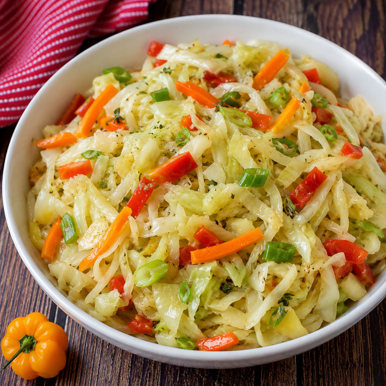 Jamaican steamed cabbage with carrots and peppers in a white bowl