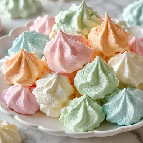 Colorful Jello meringue cookies piped in pastel swirls on a white plate