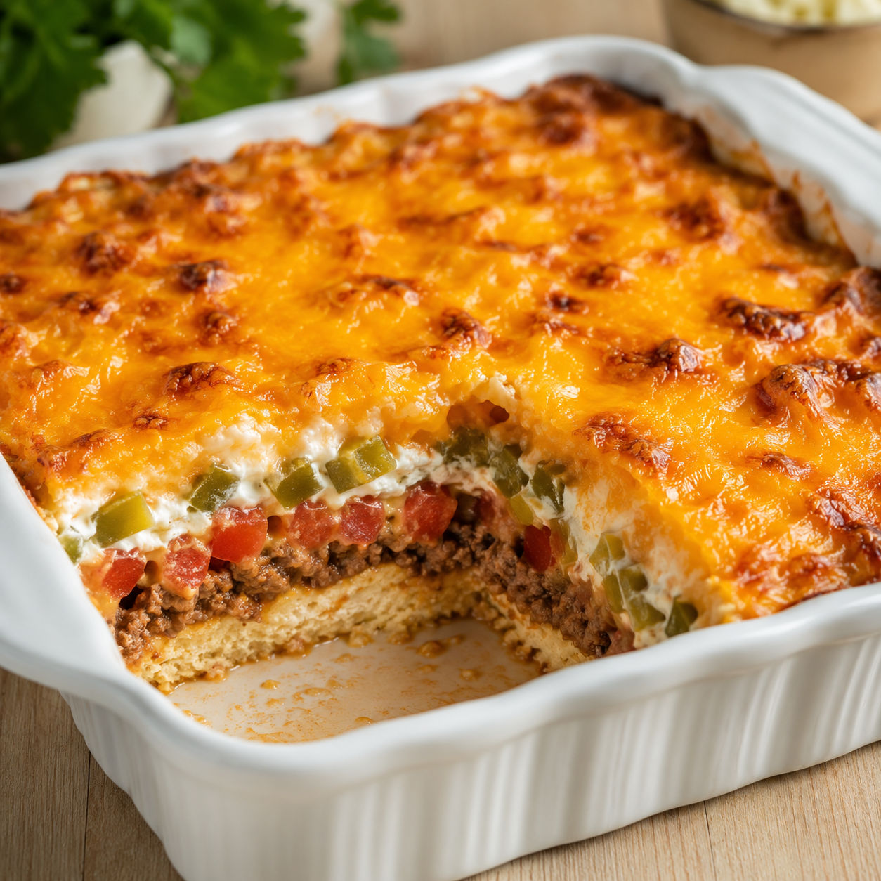 Baked John Wayne casserole with cheddar topping and layered beef in a white dish