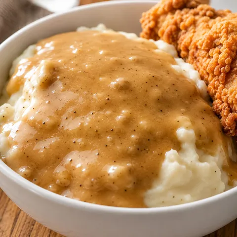 KFC-style brown gravy over mashed potatoes with fried chicken