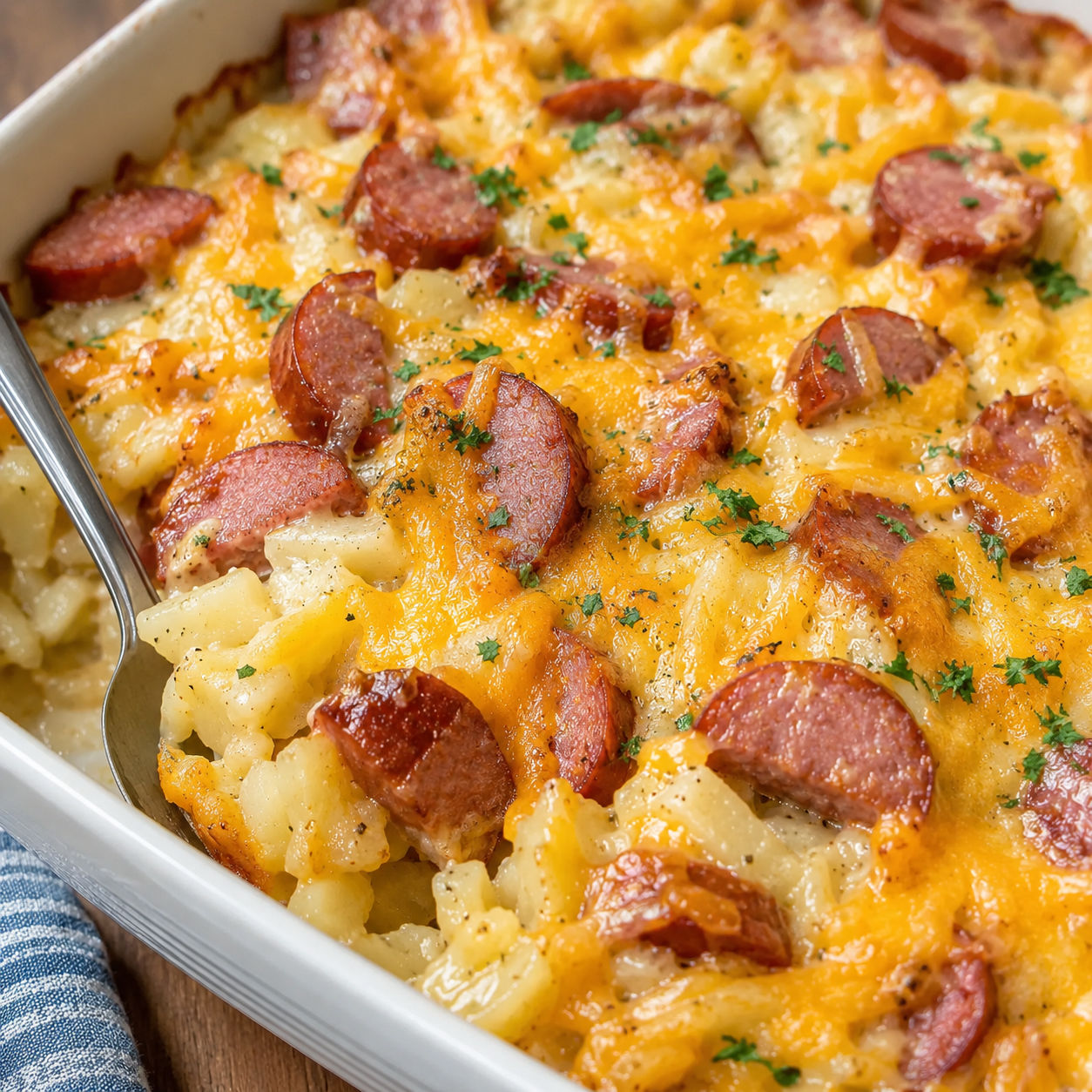 Kielbasa hashbrown casserole with melted cheddar and parsley