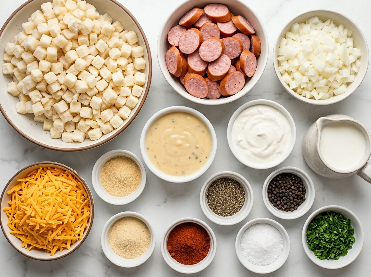 Ingredients for kielbasa hashbrown casserole with cheese and potatoes