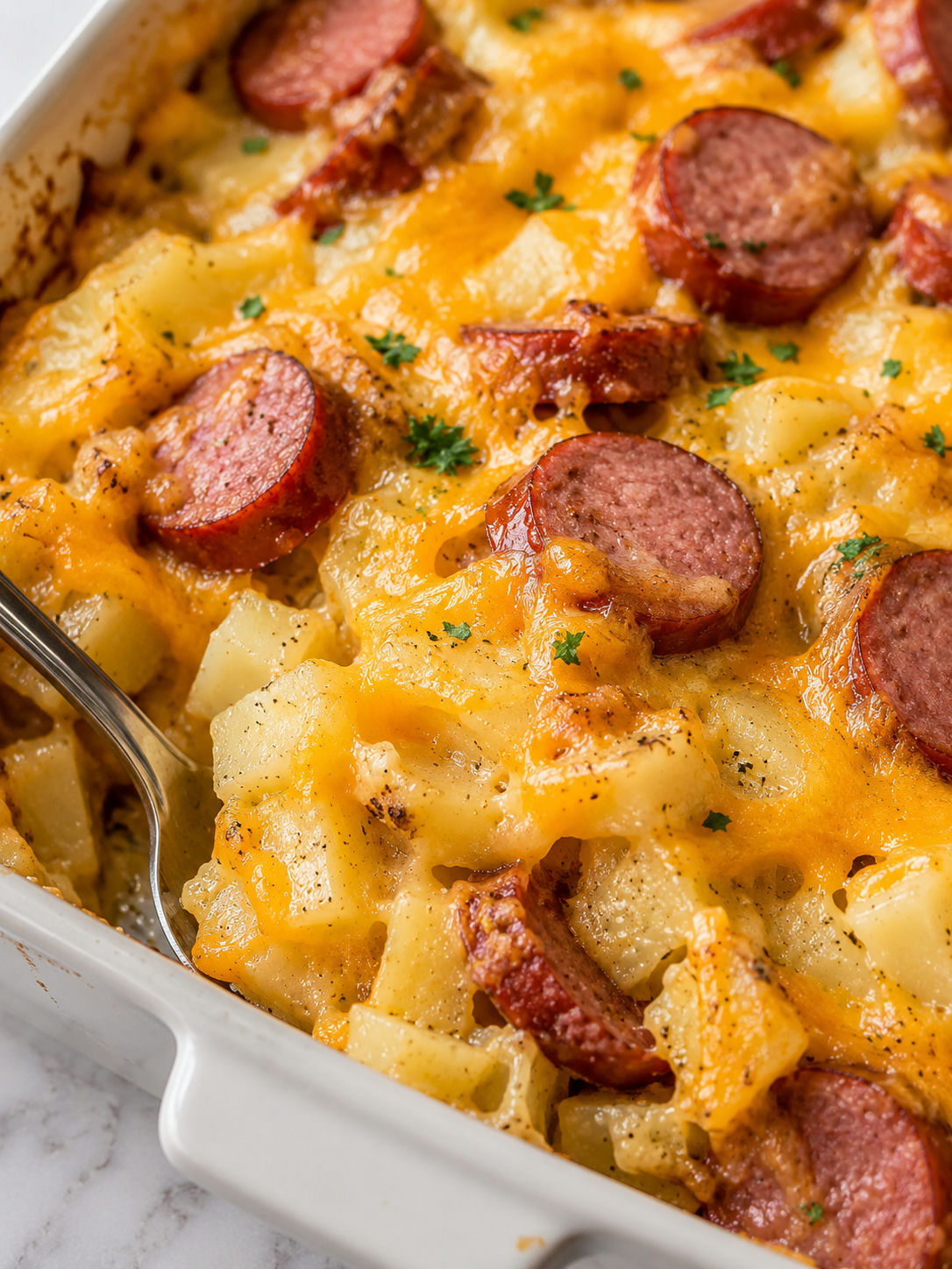 Easy Kielbasa Hashbrown Casserole, plated and served