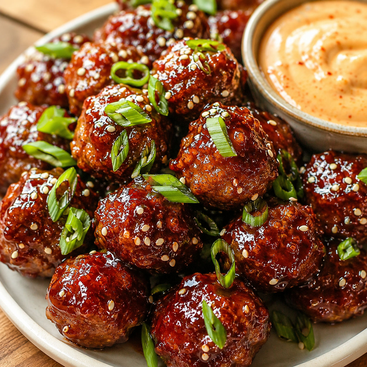 Korean BBQ meatballs with sesame, green onions, and spicy mayo dip