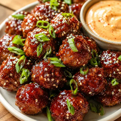 Korean BBQ meatballs with sesame, green onions, and spicy mayo dip