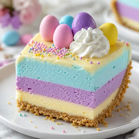 Layered Easter Jell-O pie slice with whipped cream and candy eggs