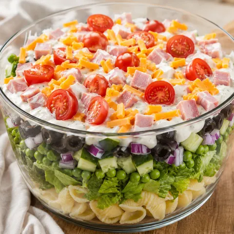Layered pasta salad with vegetables, ham, cheddar, and creamy dressing