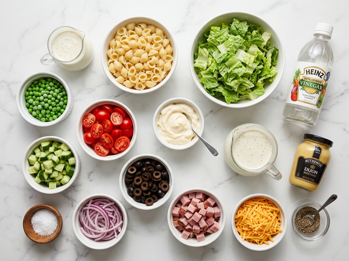 Ingredients for layered pasta salad with vegetables, ham, cheese, and dressing