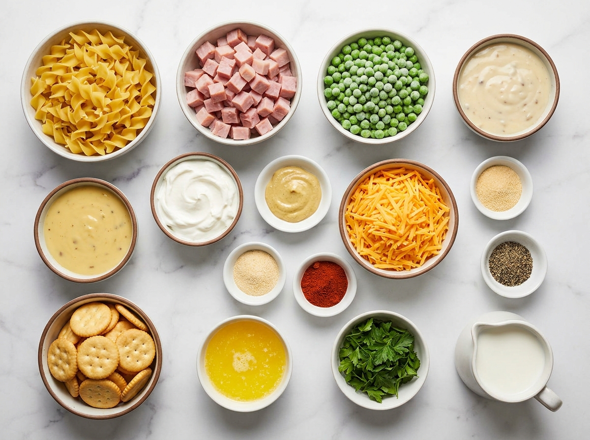 Ingredients for ham noodle casserole with noodles, ham, peas, and cheddar