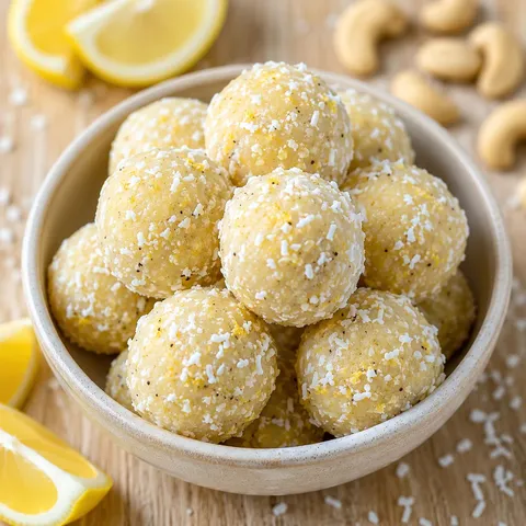 Lemon cashew bliss balls coated in coconut with lemon wedges