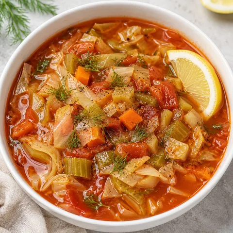 Low-cal cabbage soup with tomatoes, carrots, dill, and lemon