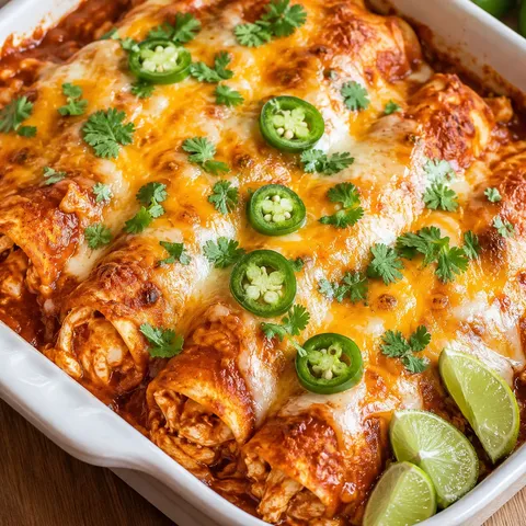 Low-carb chicken enchiladas with melted cheese, cilantro, jalapeno, and lime