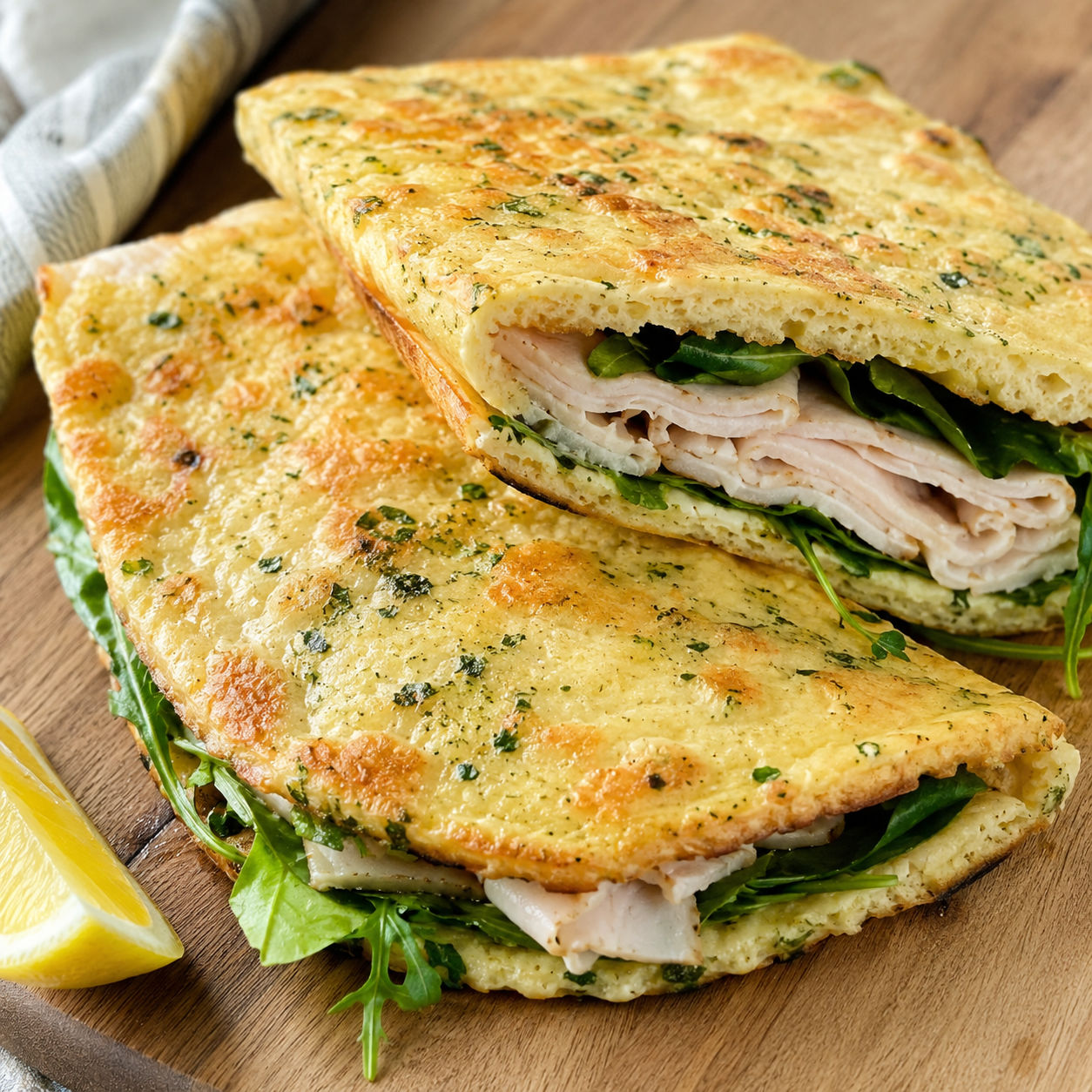 Golden cottage cheese flatbread folded into a sandwich with greens and turkey on a wooden board
