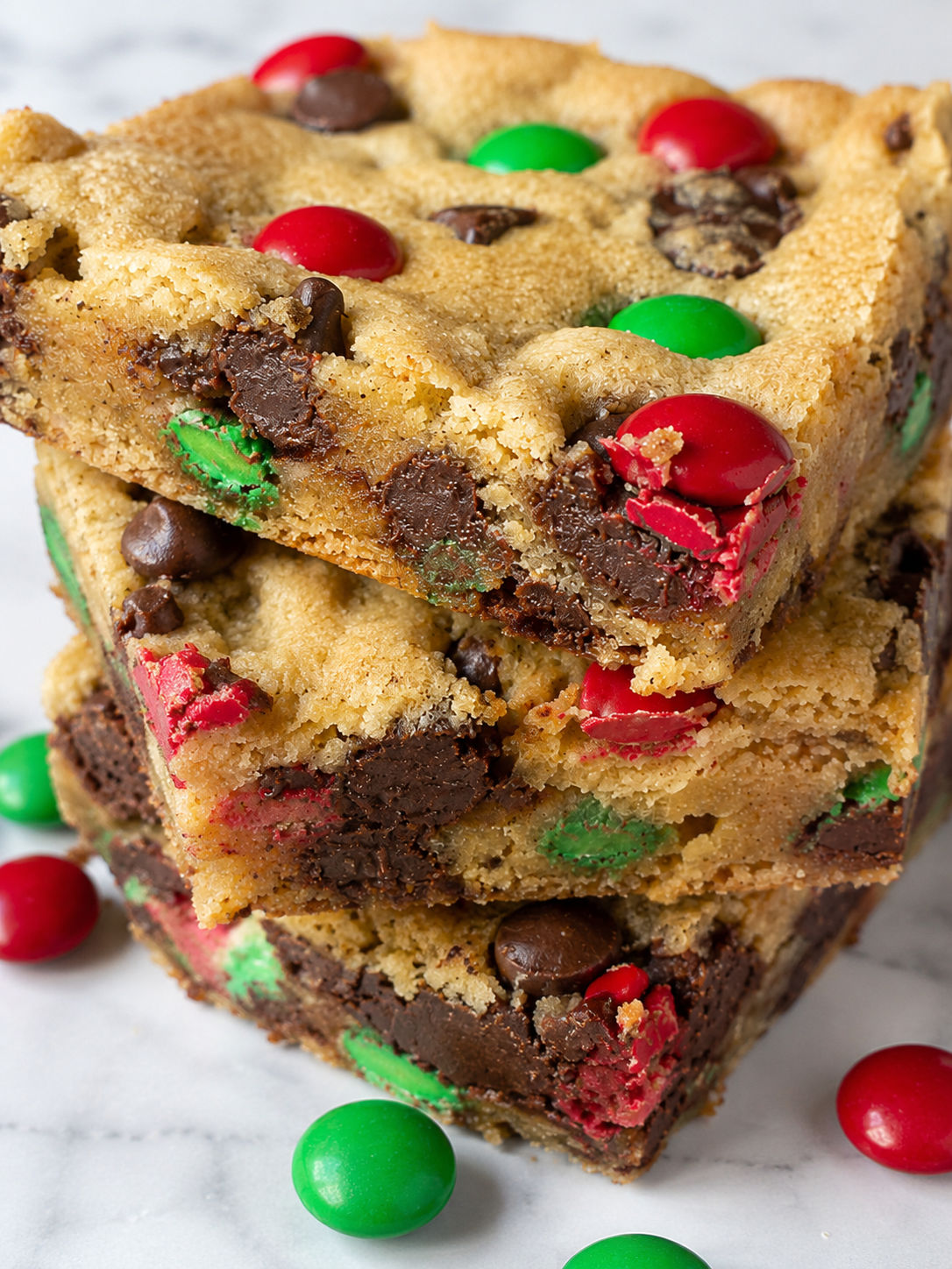 Easy M&M Cookie Bars, plated and served