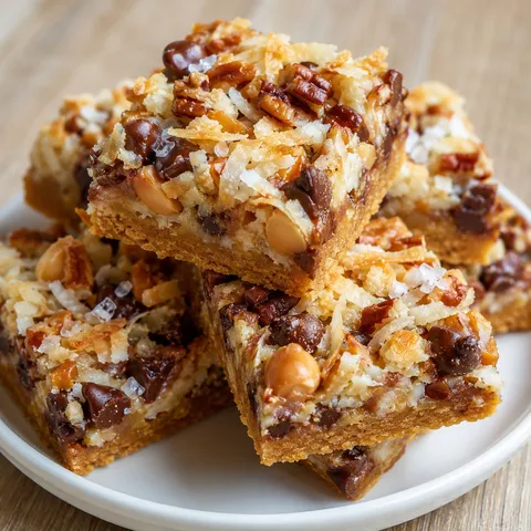 Magic cookie bars with chocolate, coconut, and pecans on a white plate