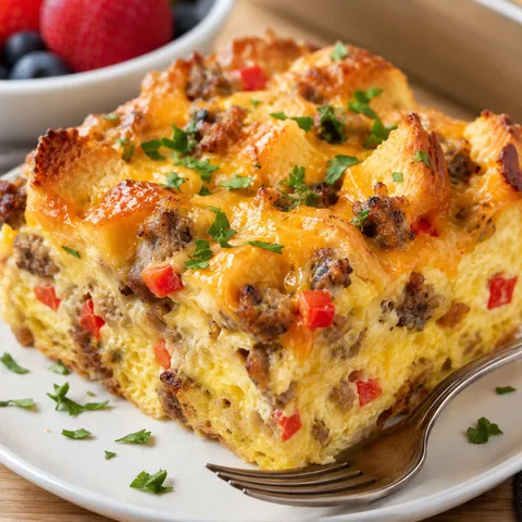 Sausage egg breakfast casserole slice with cheddar and parsley