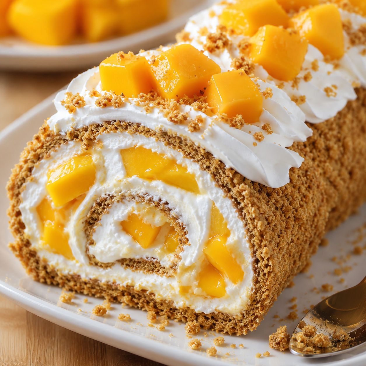 Mango graham roll slices with cream, mango cubes, and graham crumbs
