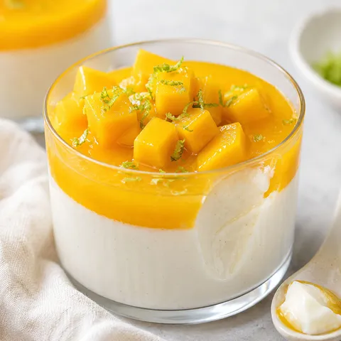 Mango panna cotta with glossy mango layer and diced mango