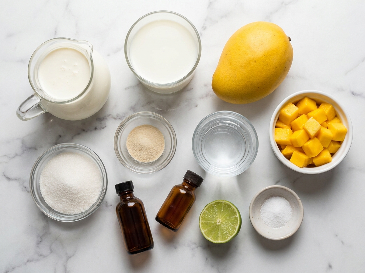 Ingredients for mango panna cotta with cream, mango, gelatin, lime, and sugar