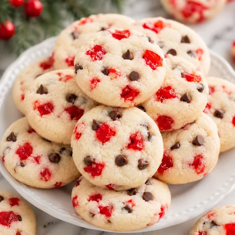 Maraschino cherry shortbread cookies with chocolate chips on a white plate