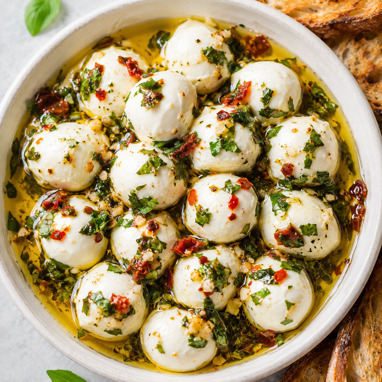 Marinated mozzarella balls with herbs, chili flakes, and sun-dried tomatoes