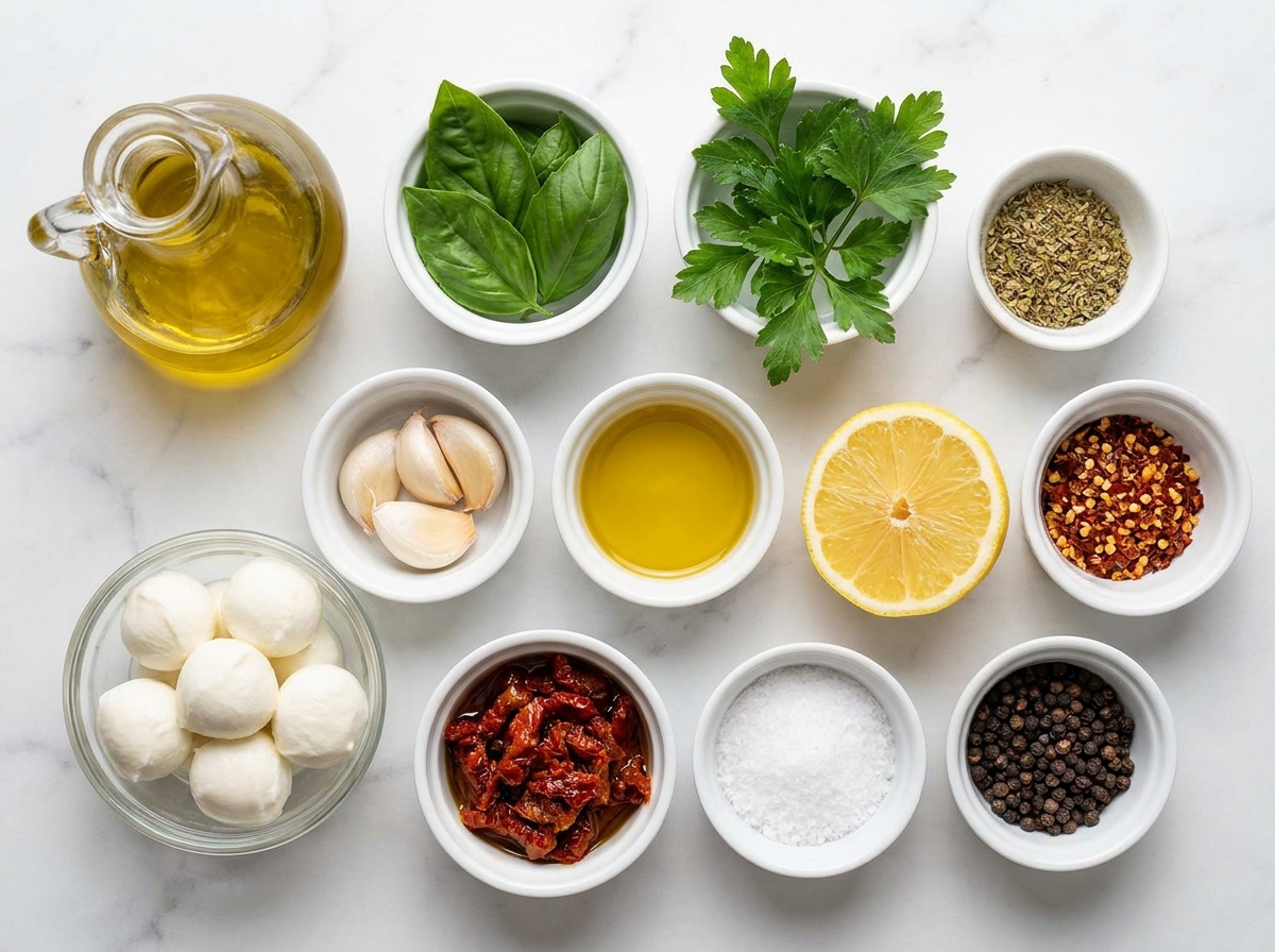 Ingredients for marinated mozzarella balls with herbs, lemon, garlic, and olive oil