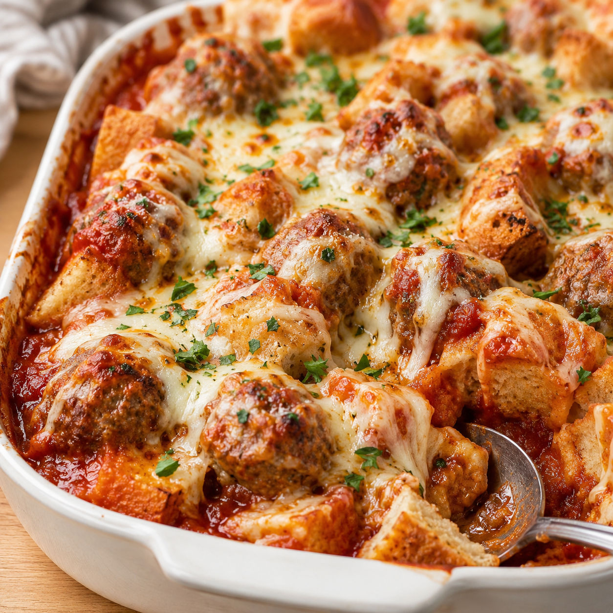 Cheesy meatball sub casserole with marinara and parsley in a white dish