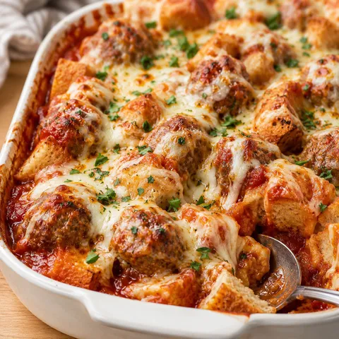 Cheesy meatball sub casserole with marinara and parsley in a white dish