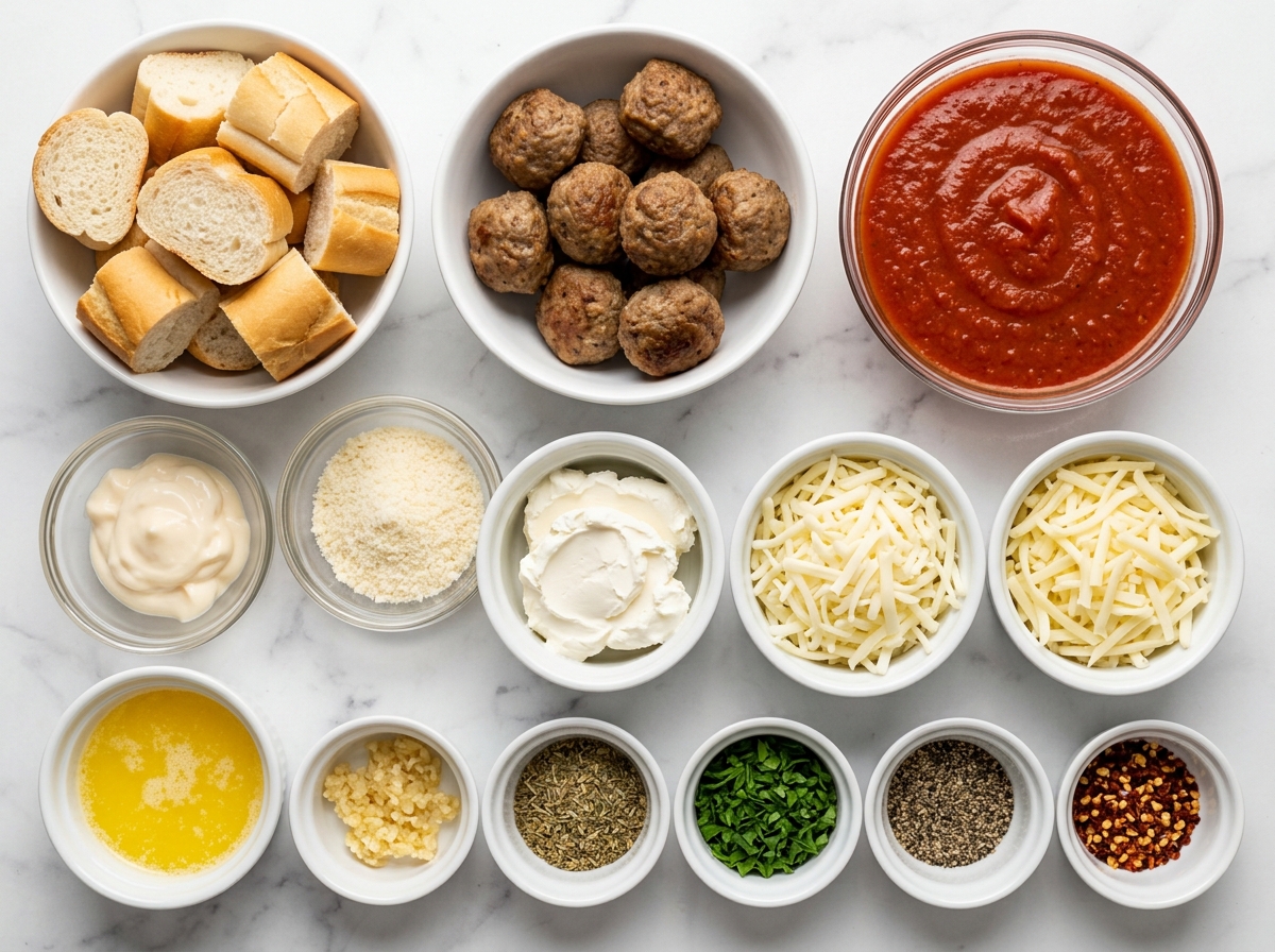 Ingredients for meatball sub casserole with rolls, meatballs, marinara and cheese
