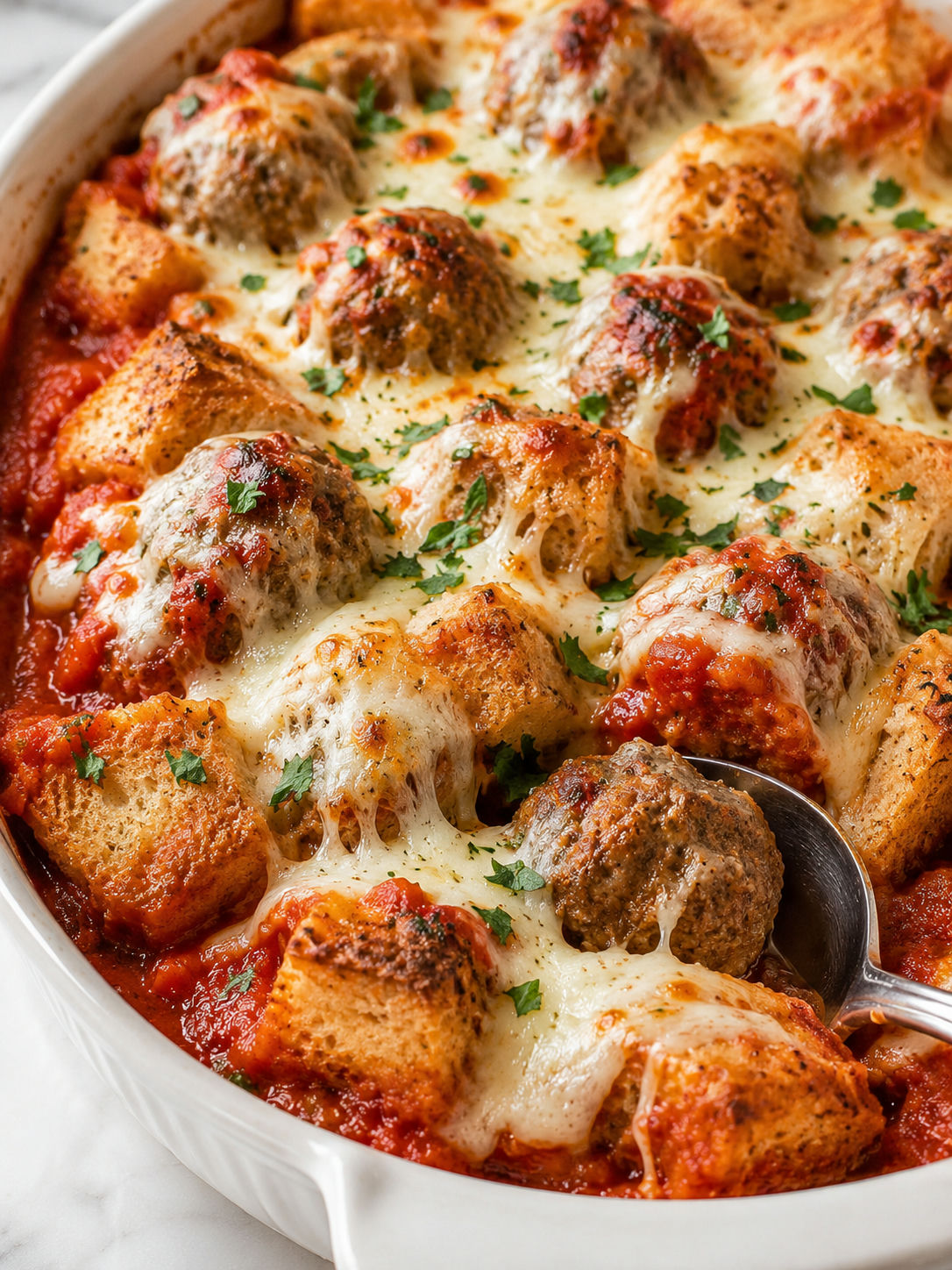 Easy Meatball Sub Casserole, plated and served
