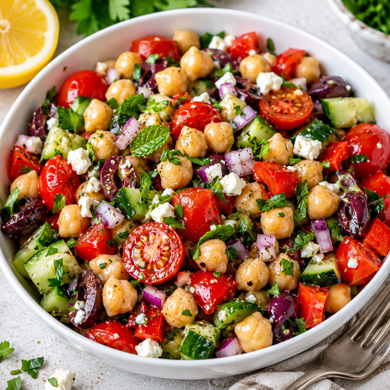 Mediterranean chickpea salad with feta, cucumber, tomatoes, olives, and herbs